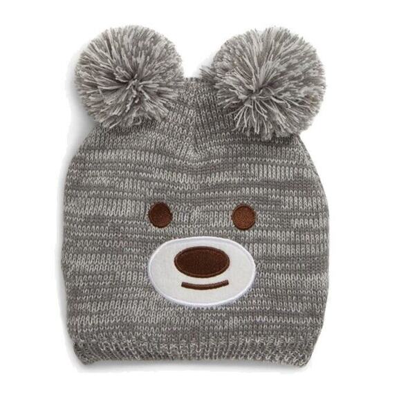 Tucker + Tate Toddler Girl Grey Knitted Double Pom Bear Beanie Size 2-4 Years - Picture 1 of 2